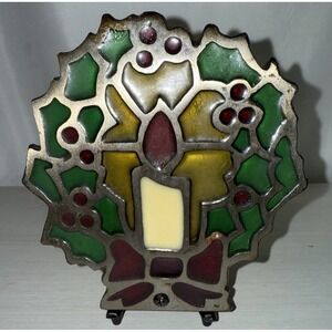 VTG Stained Glass Votive Tealight Candle Holder Cast Iron Christmas Wreath